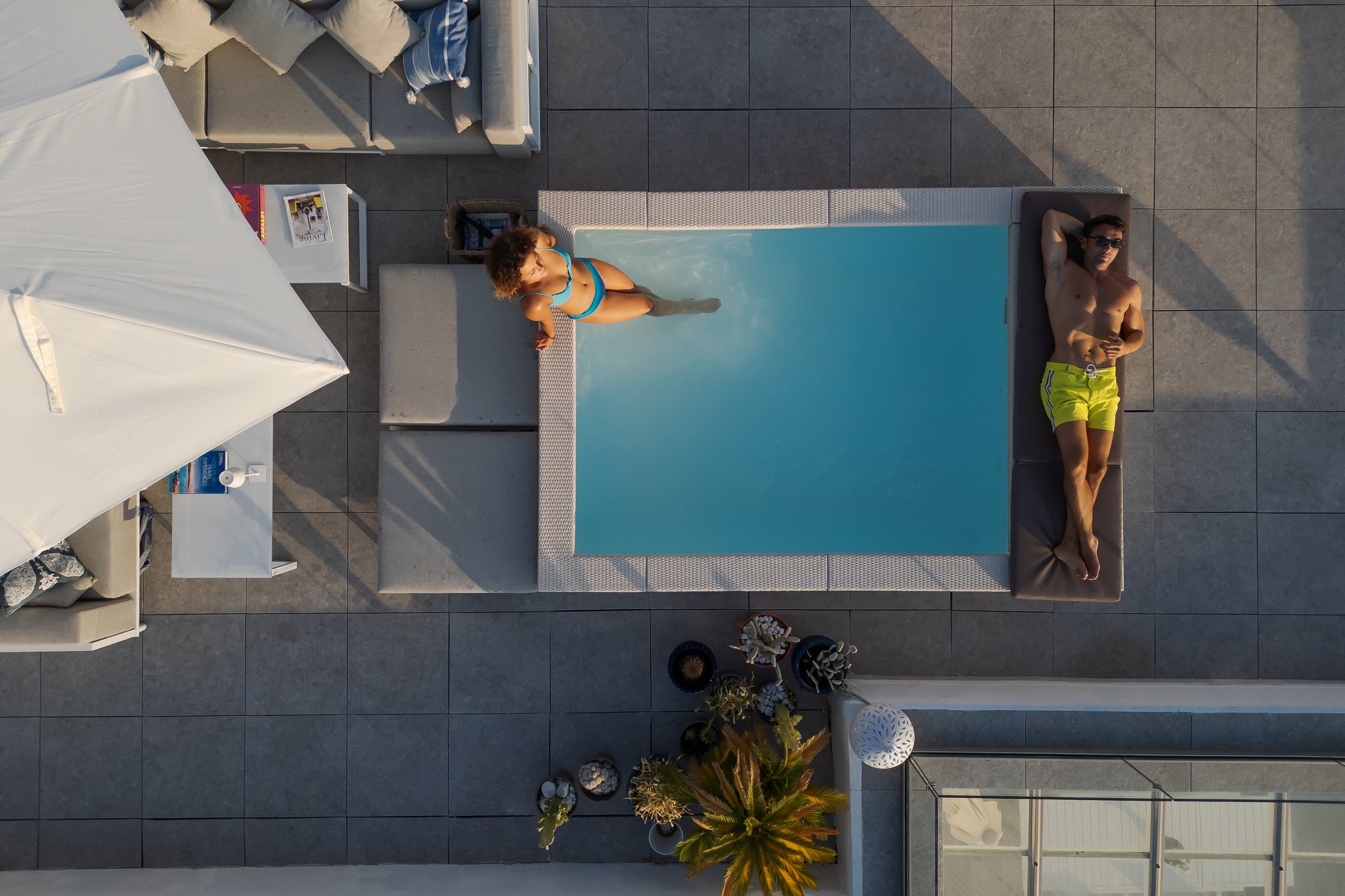 The rooftop pool of the villa seen from above